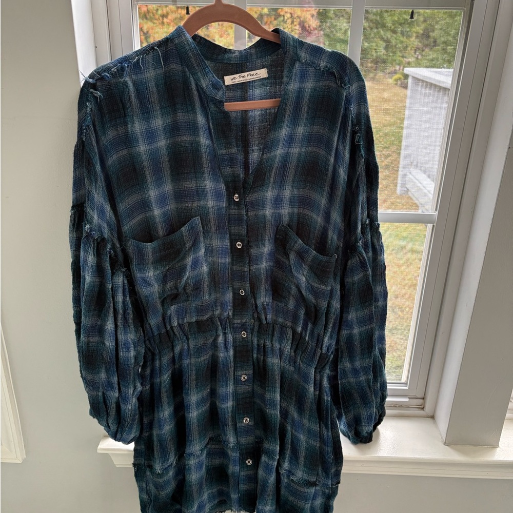 We The Free Teal and Navy Plaid Shirt
